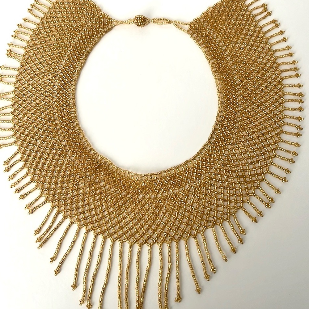 Handmade Beaded Geometric Necklace - Mexican Huichol Style Gold bead